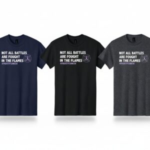 group image showing the three colors of our Firefighter Cancer Awareness t-shirt which are black, navy and dark heather grey. This shirt has the wording 'NOT ALL BATTLES ARE FOUGHT IN THE FLAMES' in white text, along with a lavender colored Maltese cross with a ribbon in the center of it, representing firefighter cancer awareness.