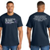 Image showing our Firefighter Cancer Awareness T-shirt that has the phrase "Not all battles are fought in the flames" with a Lavender cancer awareness ribbon printed on the front of the Navy Blue t-shirt. On the back of the shirt, is a statistic about the majority of line-of-duty deaths for firefighters being related to cancer caused by their job.