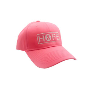 Image showing our Pink Breast Cancer Awareness HOPE Hat that has the word HOPE and a cancer awareness ribbon embroidered on the front of the hat.