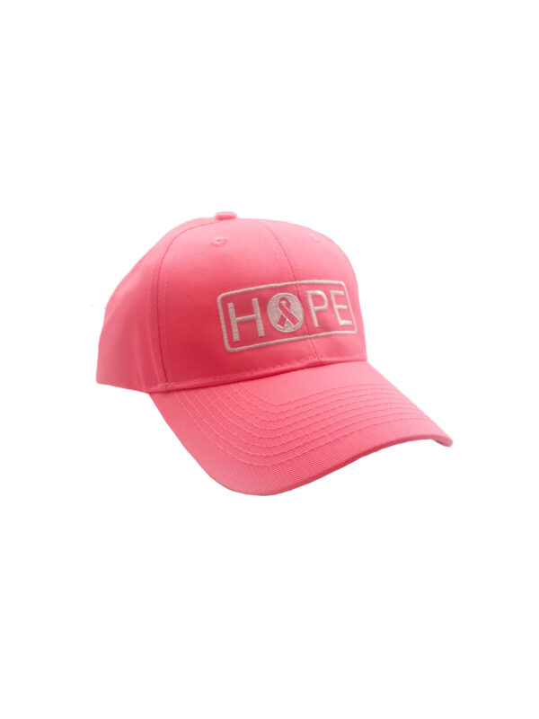 Image showing our Pink Breast Cancer Awareness HOPE Hat that has the word HOPE and a cancer awareness ribbon embroidered on the front of the hat.