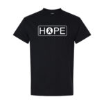 Hope Cancer Awareness T-Shirt in Black with All White "HOPE" design printed on the front of the t-shirt, and a cancer awareness ribbon inside of the letter"O" in the word HOPE.