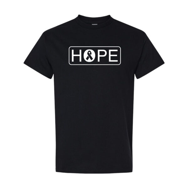 Hope Cancer Awareness T-Shirt in Black with All White "HOPE" design printed on the front of the t-shirt, and a cancer awareness ribbon inside of the letter"O" in the word HOPE.