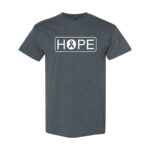 Hope Cancer Awareness T-Shirt in Dark Heather with All White "HOPE" design printed on the front of the t-shirt, and a cancer awareness ribbon inside of the letter"O" in the word HOPE.