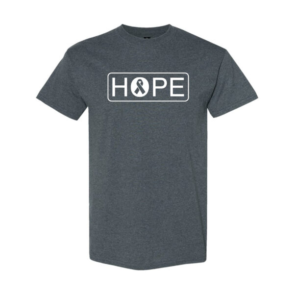Hope Cancer Awareness T-Shirt in Dark Heather with All White "HOPE" design printed on the front of the t-shirt, and a cancer awareness ribbon inside of the letter"O" in the word HOPE.