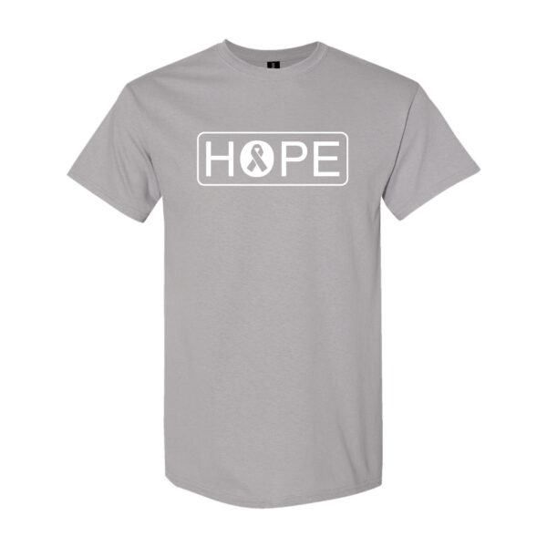 Hope Cancer Awareness T-Shirt in Gravel with All White "HOPE" design printed on the front of the t-shirt, and a cancer awareness ribbon inside of the letter"O" in the word HOPE.