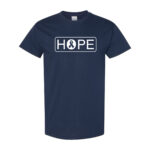 Hope Cancer Awareness T-Shirt in Navy with All White "HOPE" design printed on the front of the t-shirt, and a cancer awareness ribbon inside of the letter"O" in the word HOPE.