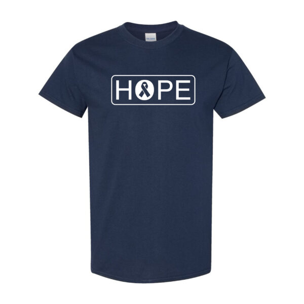Hope Cancer Awareness T-Shirt in Navy with All White "HOPE" design printed on the front of the t-shirt, and a cancer awareness ribbon inside of the letter"O" in the word HOPE.