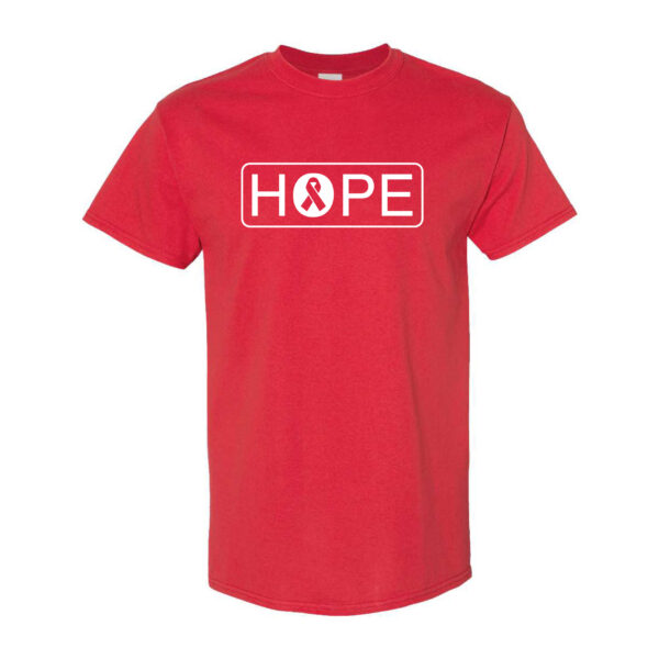 Hope Cancer Awareness T-Shirt in Red with All White "HOPE" design printed on the front of the t-shirt, and a cancer awareness ribbon inside of the letter"O" in the word HOPE.