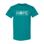 Hope Cancer Awareness T-Shirt in Teal with All White "HOPE" design printed on the front of the t-shirt, and a cancer awareness ribbon inside of the letter"O" in the word HOPE.