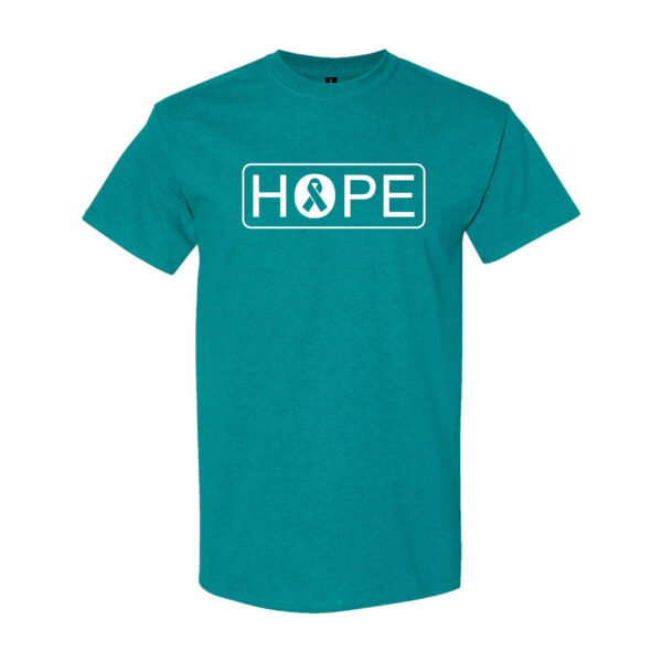 Hope Cancer Awareness T-Shirt in Teal with All White "HOPE" design printed on the front of the t-shirt, and a cancer awareness ribbon inside of the letter"O" in the word HOPE.