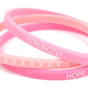 Image showing the orange, purple, dark blue, pink, and lime colors of our Inspirational Mini Cancer Awareness Wristbands which are 3 mini wristbands per set, one band printed with cancer awareness ribbons, one band printed with the words 'COURAGE' and 'STRENGTH' and then the third band printed with the words 'HOPE' and 'FAITH'