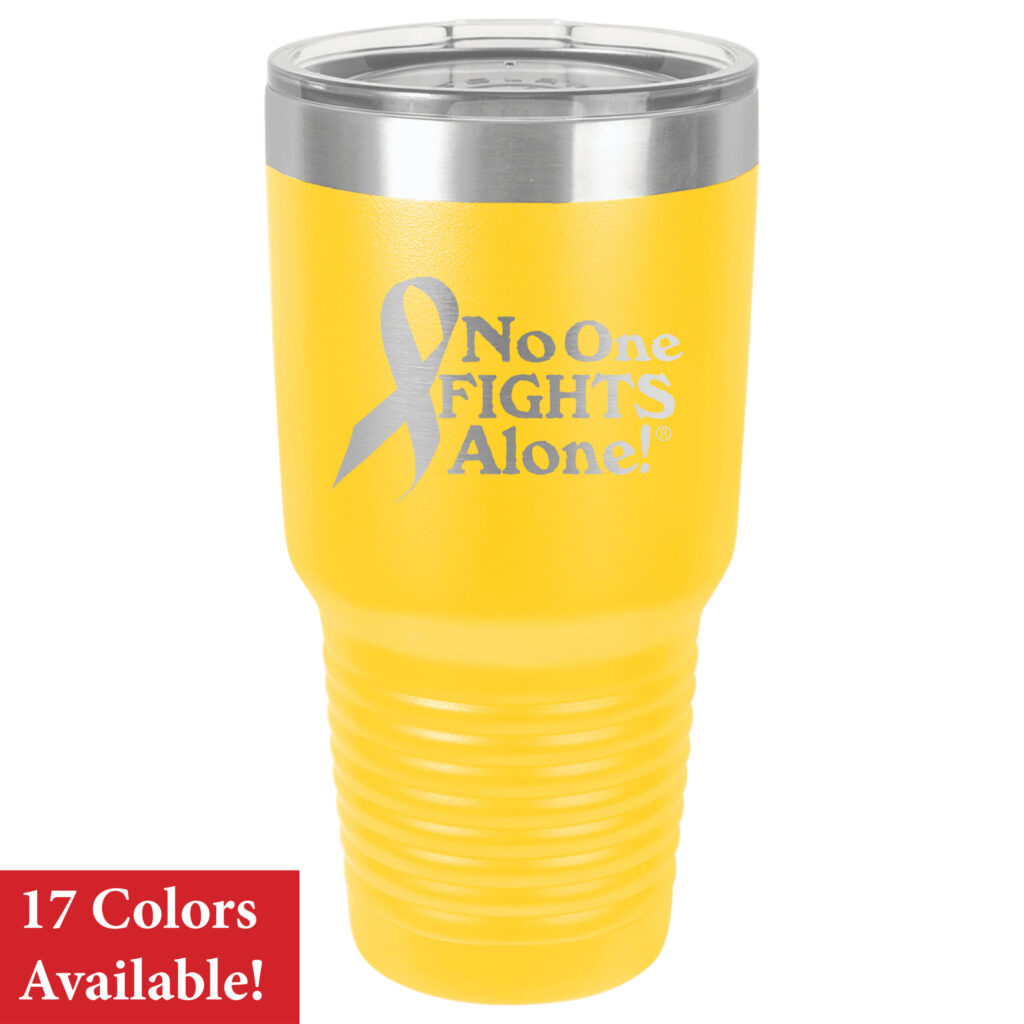 Image showing our No One Fights Alone® 30oz. Stainless Steel Tumbler in the color yellow, with the Cacner Awareness Ribbon and "No One Fights Alone" wording laser engraved onto the tumbler.