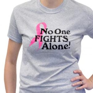 Group image showing our No One Fights Alone® T-shirt that has the wording "No One Fights Alone!" and a cancer awareness ribbon printed on the front of the t-shirt which is a light heather grey color.