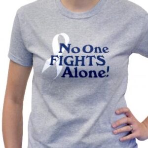Group image showing our No One Fights Alone® T-shirt that has the wording "No One Fights Alone!" and a cancer awareness ribbon printed on the front of the t-shirt which is a light heather grey color.