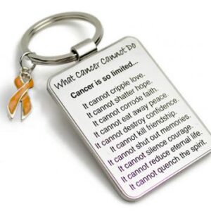 Group Image showing our What Cancer Cannot Do® Keychain with Ribbon Charm which a metal dog tag keychain that has the "What Cancer Cannot Do®" Poem laser engraved onto the keychain, with a cancer awareness ribbon charm in the color of your choice hooked onto the key ring of the keychain.
