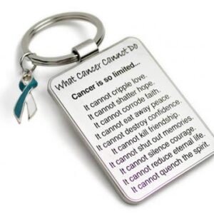 Group Image showing our What Cancer Cannot Do® Keychain with Ribbon Charm which a metal dog tag keychain that has the "What Cancer Cannot Do®" Poem laser engraved onto the keychain, with a cancer awareness ribbon charm in the color of your choice hooked onto the key ring of the keychain.