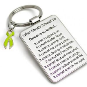 Group Image showing our What Cancer Cannot Do® Keychain with Ribbon Charm which a metal dog tag keychain that has the "What Cancer Cannot Do®" Poem laser engraved onto the keychain, with a cancer awareness ribbon charm in the color of your choice hooked onto the key ring of the keychain.