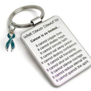 Group Image showing our What Cancer Cannot Do® Keychain with Ribbon Charm which a metal dog tag keychain that has the "What Cancer Cannot Do®" Poem laser engraved onto the keychain, with a cancer awareness ribbon charm in the color of your choice hooked onto the key ring of the keychain.