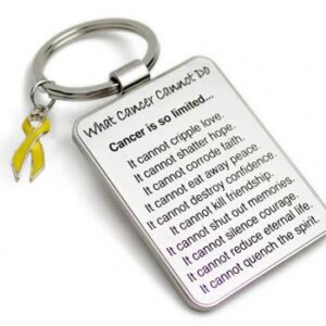 Group Image showing our What Cancer Cannot Do® Keychain with Ribbon Charm which a metal dog tag keychain that has the "What Cancer Cannot Do®" Poem laser engraved onto the keychain, with a cancer awareness ribbon charm in the color of your choice hooked onto the key ring of the keychain.