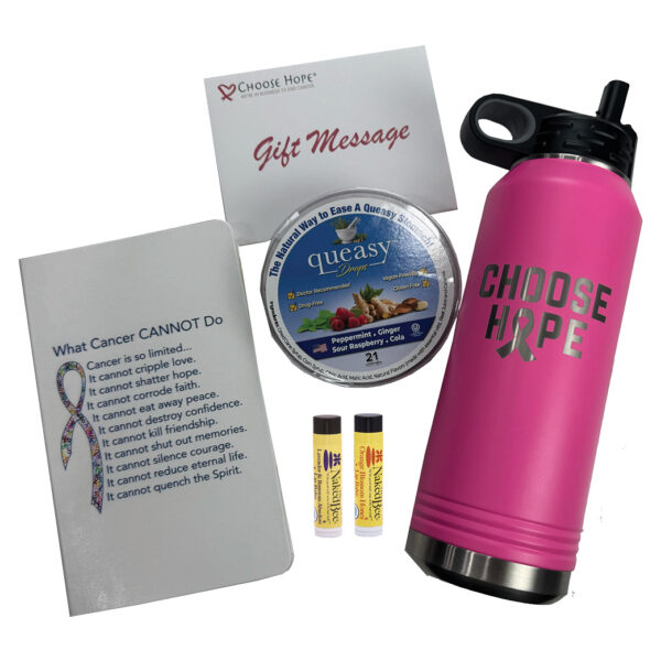 Group Image showing each of the items included in the Chemo Care Package Gift Set 1 Stainless Steel 32oz Water Bottle, 2 Lip Balm, 1 Journal and 1 Container of Queasy Drops Assorted Flavors