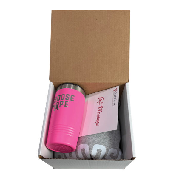 image showing the choose hope sweatshirt and tumbler gift set in a box with choose hope 20oz tumbler, sweatshirt and gift message