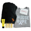 Group Image of our Cozy Blanket Gift Set featuring 1 blanket with orange cancer awareness ribbon 4 naked bee lip balm 1 naked bee lotion and 1 Choose Hope Crewneck Sweatshirt