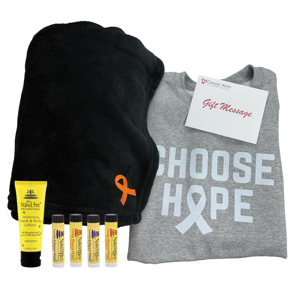 Group Image of our Cozy Blanket Gift Set featuring 1 blanket with orange cancer awareness ribbon 4 naked bee lip balm 1 naked bee lotion and 1 Choose Hope Crewneck Sweatshirt