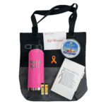 Image showing each of the items included in our Chemo Care Tote Bag Gift Set which are 1 Tote Bag with Cancer awareness ribbon, one 32 ounce stainless steel water bottle, 1 container of queasy drops, 2 lip balms and 1 what cancer cannot do journal
