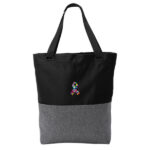 Image showing the heather Grey Convertible Tote Bag that is part of the Chemo care tote bag gift set with a multicolored awareness ribbon embroidered on the bag representing all cancers