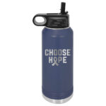 Image shows our Choose Hope 32oz. Stainless Steel Water Bottle in the color dark blue representing colon cancer.