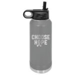 Image shows our Choose Hope 32oz. Stainless Steel Water Bottle in the color dark grey representing brain cancer.