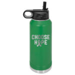 Image shows our Choose Hope 32oz. Stainless Steel Water Bottle in the color green representing gallbladder/bile duct cancer.