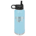 Image shows our Choose Hope 32oz. Stainless Steel Water Bottle in the color light blue representing prostate cancer.