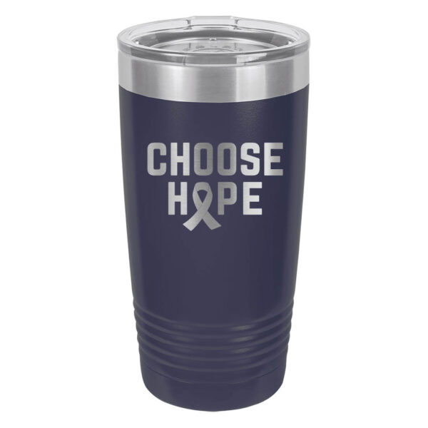 Choose Hope 20oz stainless steel tumbler in dark blue color representing colon cancer with the wording 'choose hope' and a cancer awareness ribbon laser engraved on the tumbler