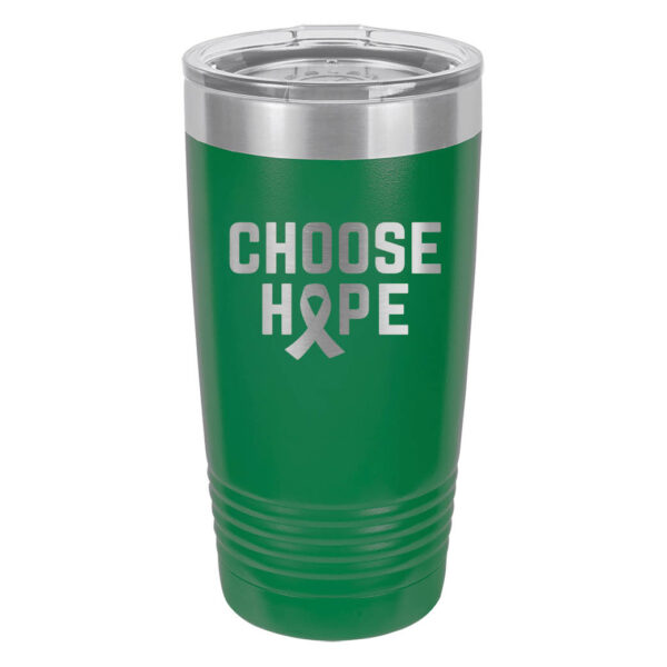 Choose Hope 20oz stainless steel tumbler in emerald green color representing liver cancer with the wording 'choose hope' and a cancer awareness ribbon laser engraved on the tumbler