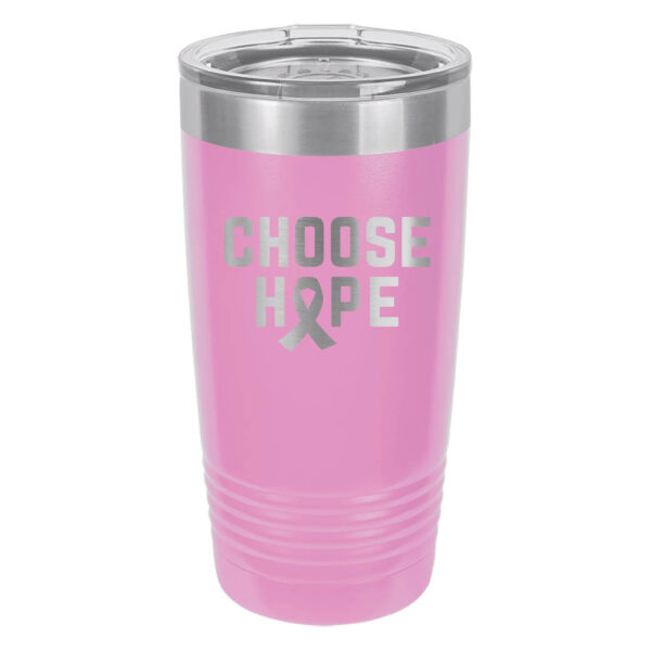 Choose Hope 20oz stainless steel tumbler in light purple with the wording 'choose hope' and a cancer awareness ribbon laser engraved on the tumbler