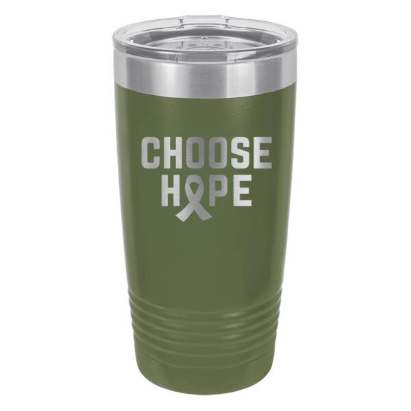 Choose Hope 20oz stainless steel tumbler in olive green color with the wording 'choose hope' and a cancer awareness ribbon laser engraved on the tumbler