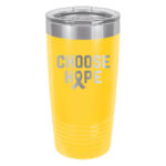 Choose Hope 20oz stainless steel tumbler in yellow color representing bone/sarcoma cancer with the wording 'choose hope' and a cancer awareness ribbon laser engraved on the tumbler