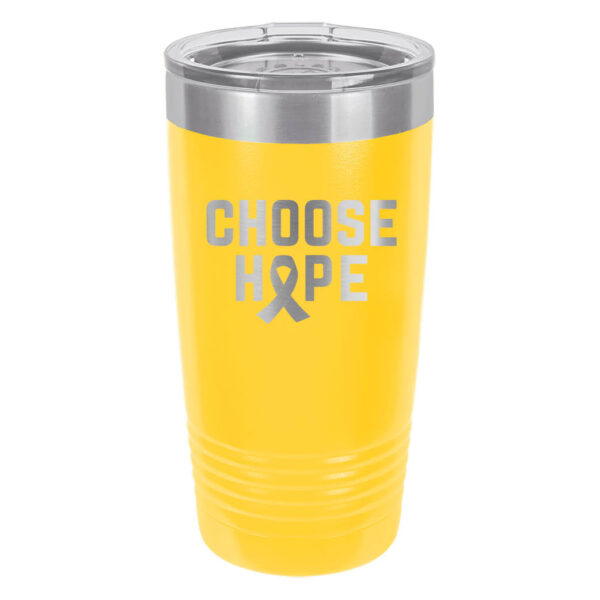 Choose Hope 20oz stainless steel tumbler in yellow color representing bone/sarcoma cancer with the wording 'choose hope' and a cancer awareness ribbon laser engraved on the tumbler