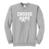 Image shows our Choose Hope Cancer Awareness Crewneck Sweatshirt in the color Athletic Heather with the words 'CHOOSE HOPE' and a cancer awareness ribbon printed on the front of the sweatshirt in white ink.