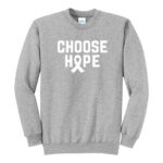 Image shows our Choose Hope Cancer Awareness Crewneck Sweatshirt in the color Athletic Heather with the words 'CHOOSE HOPE' and a cancer awareness ribbon printed on the front of the sweatshirt in white ink.