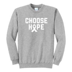Image shows our Choose Hope Cancer Awareness Crewneck Sweatshirt in the color Athletic Heather with the words 'CHOOSE HOPE' and a cancer awareness ribbon printed on the front of the sweatshirt in white ink.