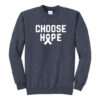 Image shows our Choose Hope Cancer Awareness Crewneck Sweatshirt in the color Heather Navy with the words 'CHOOSE HOPE' and a cancer awareness ribbon printed on the front of the sweatshirt in white ink.