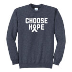 Image shows our Choose Hope Cancer Awareness Crewneck Sweatshirt in the color Heather Navy with the words 'CHOOSE HOPE' and a cancer awareness ribbon printed on the front of the sweatshirt in white ink.