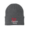 Image showing our Choose Hope Knit Beanie in Athletic Oxford Grey, with the white and Red Choose Hope logo embroidered on the front of the beanie