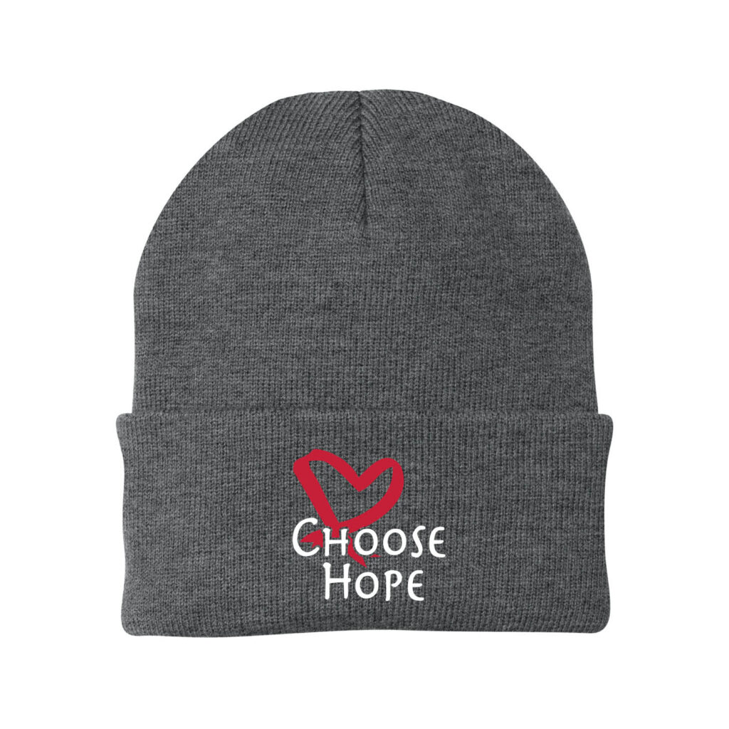 Image showing our Choose Hope Knit Beanie in Athletic Oxford Grey, with the white and Red Choose Hope logo embroidered on the front of the beanie