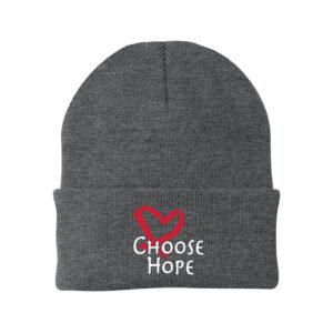Image showing our Choose Hope Knit Beanie in Athletic Oxford Grey, with the white and Red Choose Hope logo embroidered on the front of the beanie