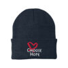 Image showing our Choose Hope Knit Beanie in Navy, with the white and Red Choose Hope logo embroidered on the front of the beanie