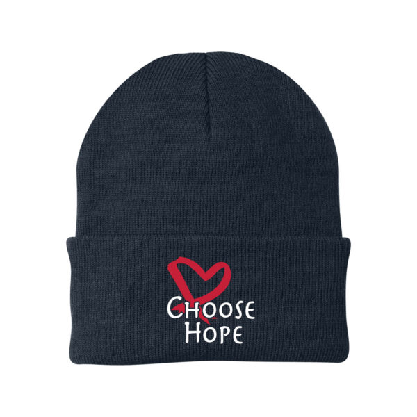 Image showing our Choose Hope Knit Beanie in Navy, with the white and Red Choose Hope logo embroidered on the front of the beanie