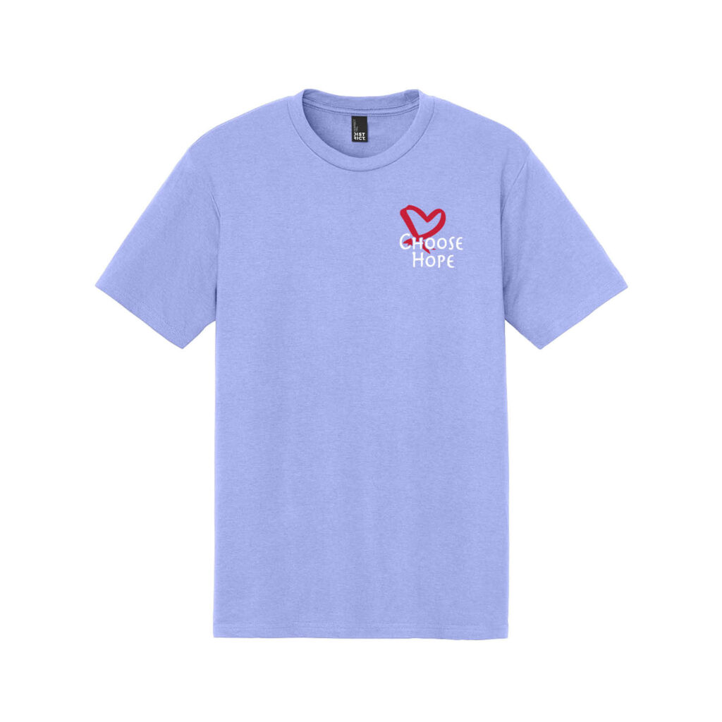 image showing our Choose Hope® Tri-Blend T-shirt in soft lilac featuring the Choose Hope logo printed on the front left chest of the shirt